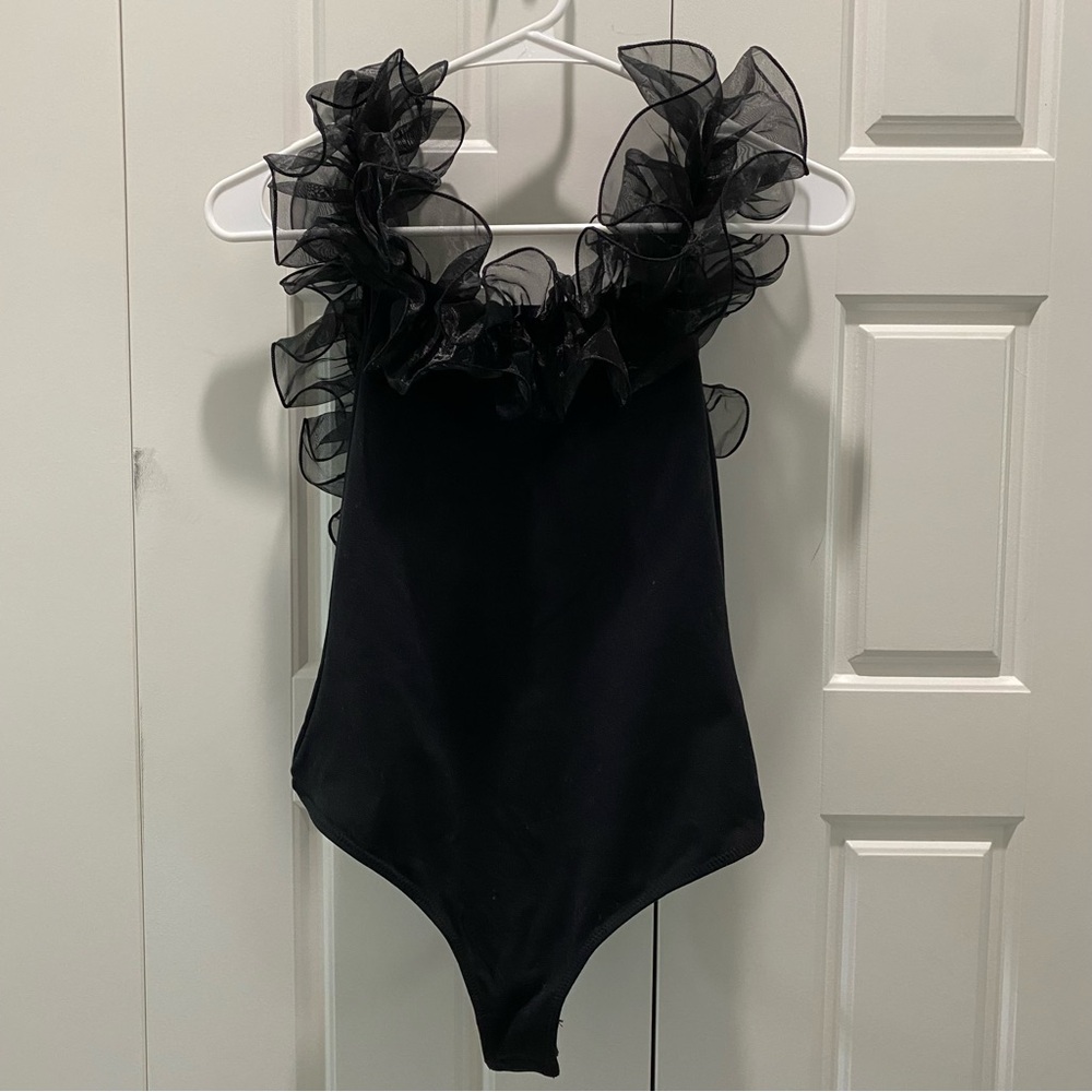 Intimately By free People Black Bodysuit With Ruffles New Sz S Whimsygoth Fairy